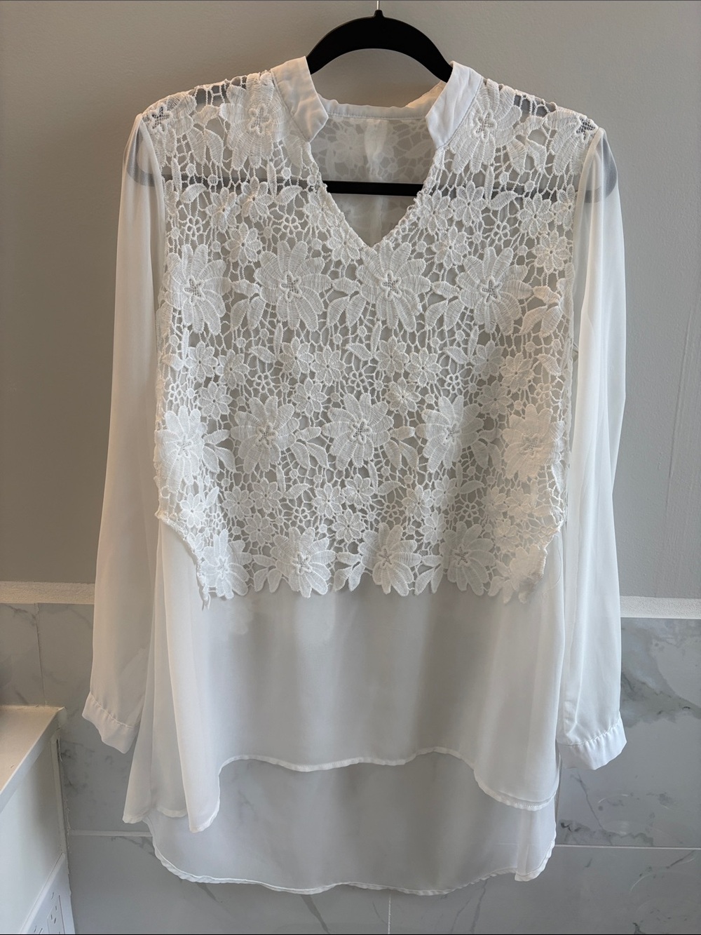 Women's White Lace Overlay V-Neck Blouse